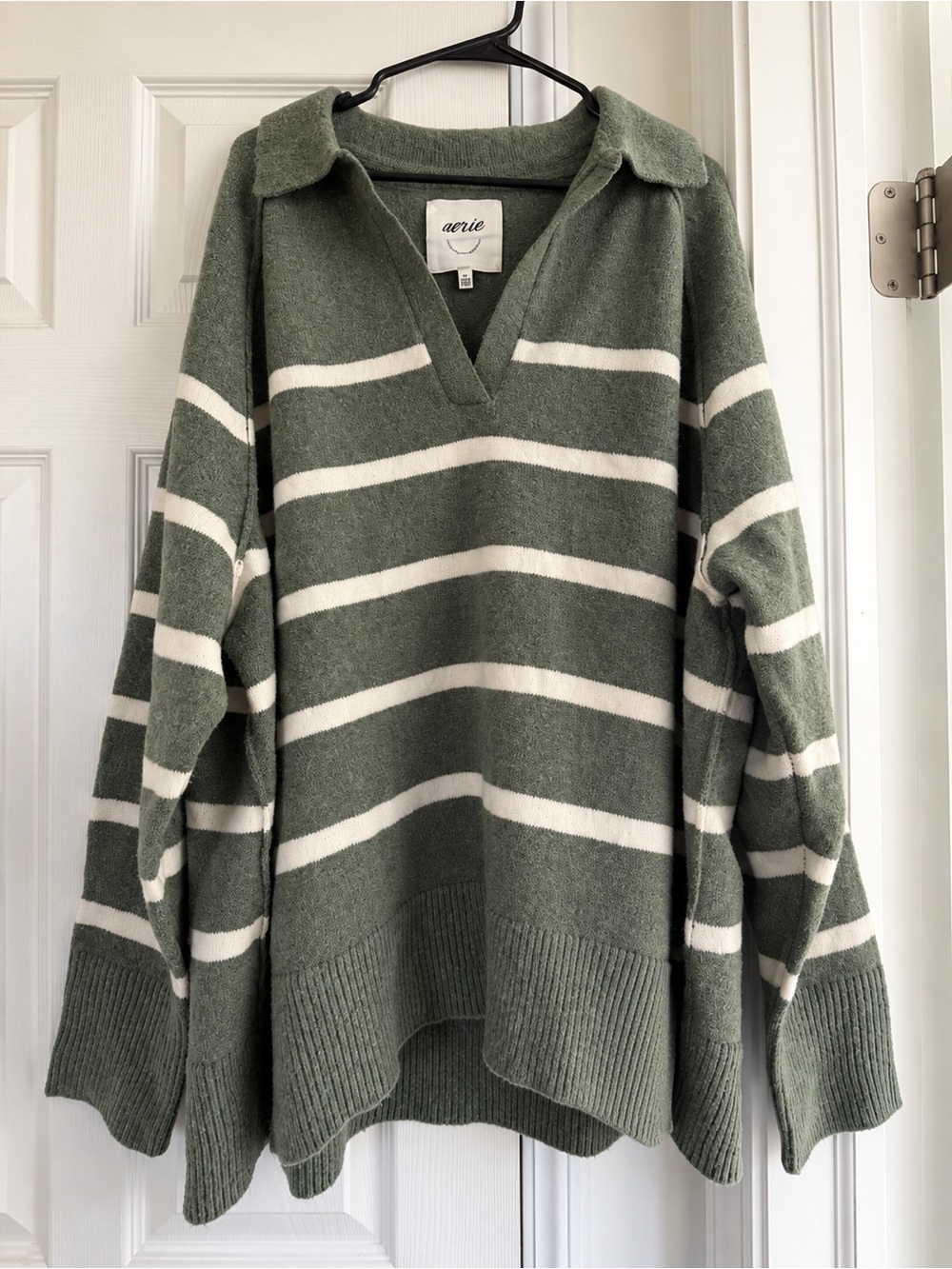 aerie Olive & White Striped Collared V-Neck Sweater